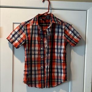 Wrangler Boys Casual Plaid Shirt - Red, Blue, White w/ Yellow stripe. L.